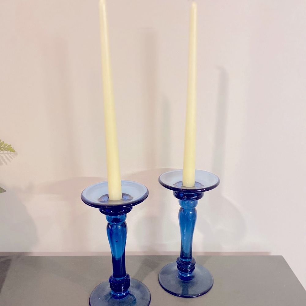 Vintage Blue Glass Candlesticks